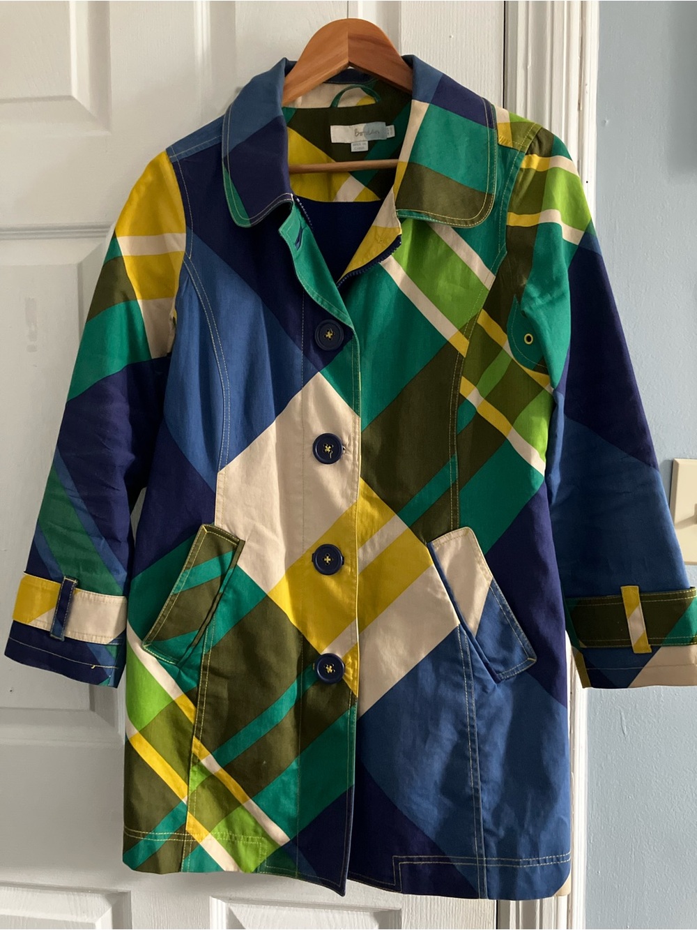Boden Multicolor Plaid Trench Coat - Blue Green Yellow Cream